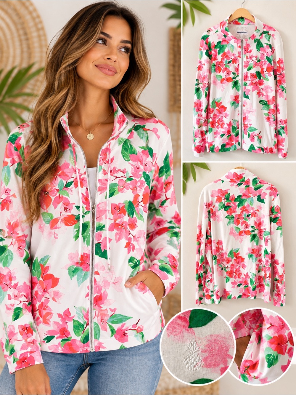 Tommy Bahama Bougainvillea Full Zip Jacket 100% Pima Cotton XL Floral Print